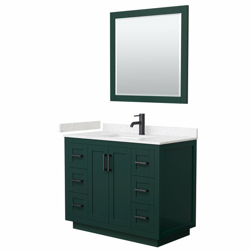 Wyndham Miranda 42 Inch Single Bathroom Vanity in Green, Light-Vein Carrara Cultured Marble Countertop, Undermount Square Sink, Matte Black Trim, 34 Inch Mirror- Wyndham