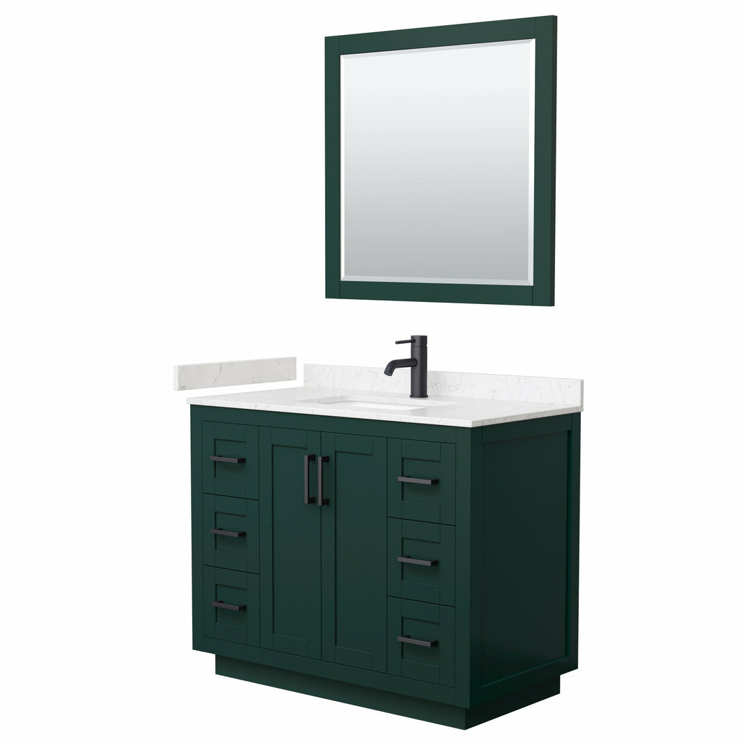 Wyndham Miranda 42 Inch Single Bathroom Vanity in Green, Light-Vein Carrara Cultured Marble Countertop, Undermount Square Sink, Matte Black Trim, 34 Inch Mirror- Wyndham