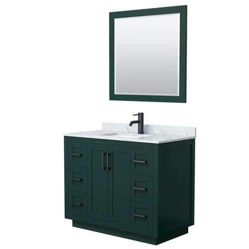 Wyndham Miranda 42 Inch Single Bathroom Vanity in Green, White Carrara Marble Countertop, Undermount Square Sink, Matte Black Trim, 34 Inch Mirror- Wyndham