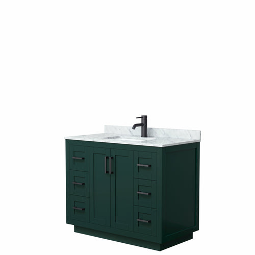 Wyndham Miranda 42 Inch Single Bathroom Vanity in Green, White Carrara Marble Countertop, Undermount Square Sink, Matte Black Trim- Wyndham