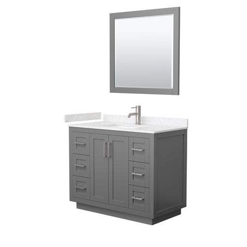 Wyndham Miranda 42 Inch Single Bathroom Vanity in Dark Gray, Light-Vein Carrara Cultured Marble Countertop, Undermount Square Sink, Brushed Nickel Trim, 34 Inch Mirror- Wyndham