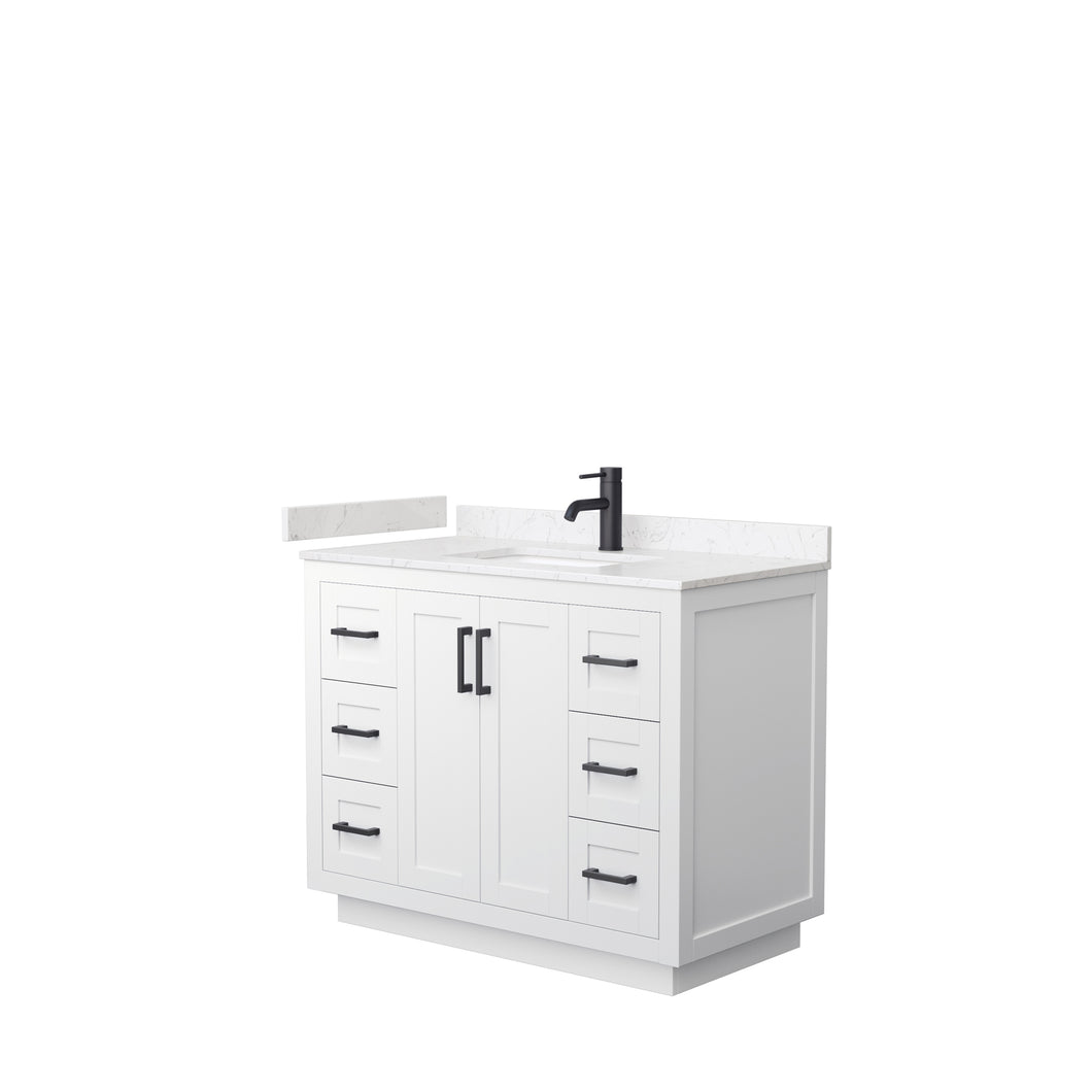 Wyndham Miranda 42 Inch Single Bathroom Vanity in White, Light-Vein Carrara Cultured Marble Countertop, Undermount Square Sink, Matte Black Trim- Wyndham