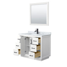 Load image into Gallery viewer, Wyndham Miranda 42 Inch Single Bathroom Vanity in White, White Carrara Marble Countertop, Undermount Square Sink, Matte Black Trim, 34 Inch Mirror- Wyndham
