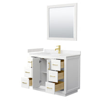 Load image into Gallery viewer, Wyndham Miranda 42 Inch Single Bathroom Vanity in White, Light-Vein Carrara Cultured Marble Countertop, Undermount Square Sink, Brushed Gold Trim, 34 Inch Mirror- Wyndham