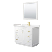 Load image into Gallery viewer, Wyndham Miranda 42 Inch Single Bathroom Vanity in White, Light-Vein Carrara Cultured Marble Countertop, Undermount Square Sink, Brushed Gold Trim, 34 Inch Mirror- Wyndham