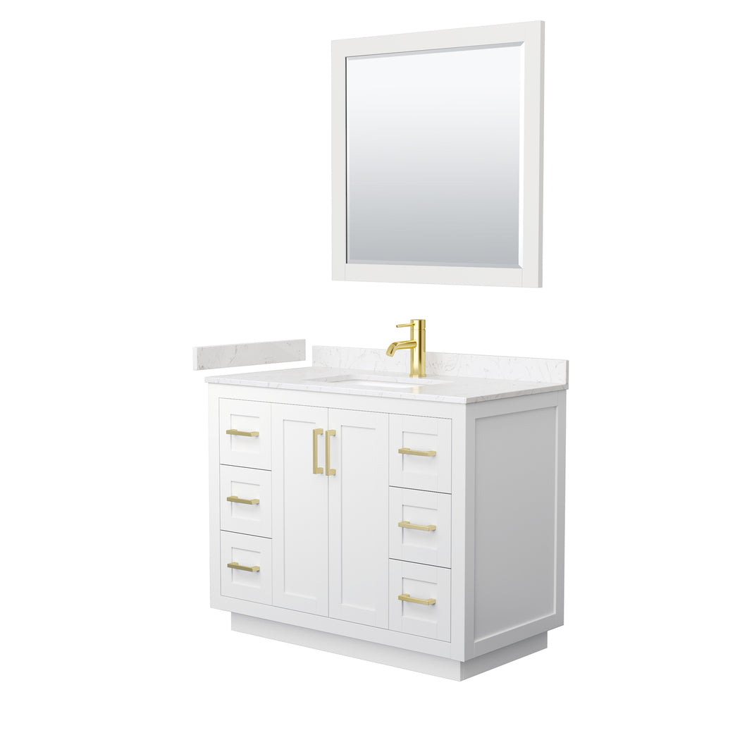 Wyndham Miranda 42 Inch Single Bathroom Vanity in White, Light-Vein Carrara Cultured Marble Countertop, Undermount Square Sink, Brushed Gold Trim, 34 Inch Mirror- Wyndham