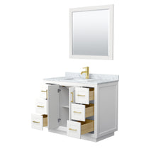 Load image into Gallery viewer, Wyndham Miranda 42 Inch Single Bathroom Vanity in White, White Carrara Marble Countertop, Undermount Square Sink, Brushed Gold Trim, 34 Inch Mirror- Wyndham