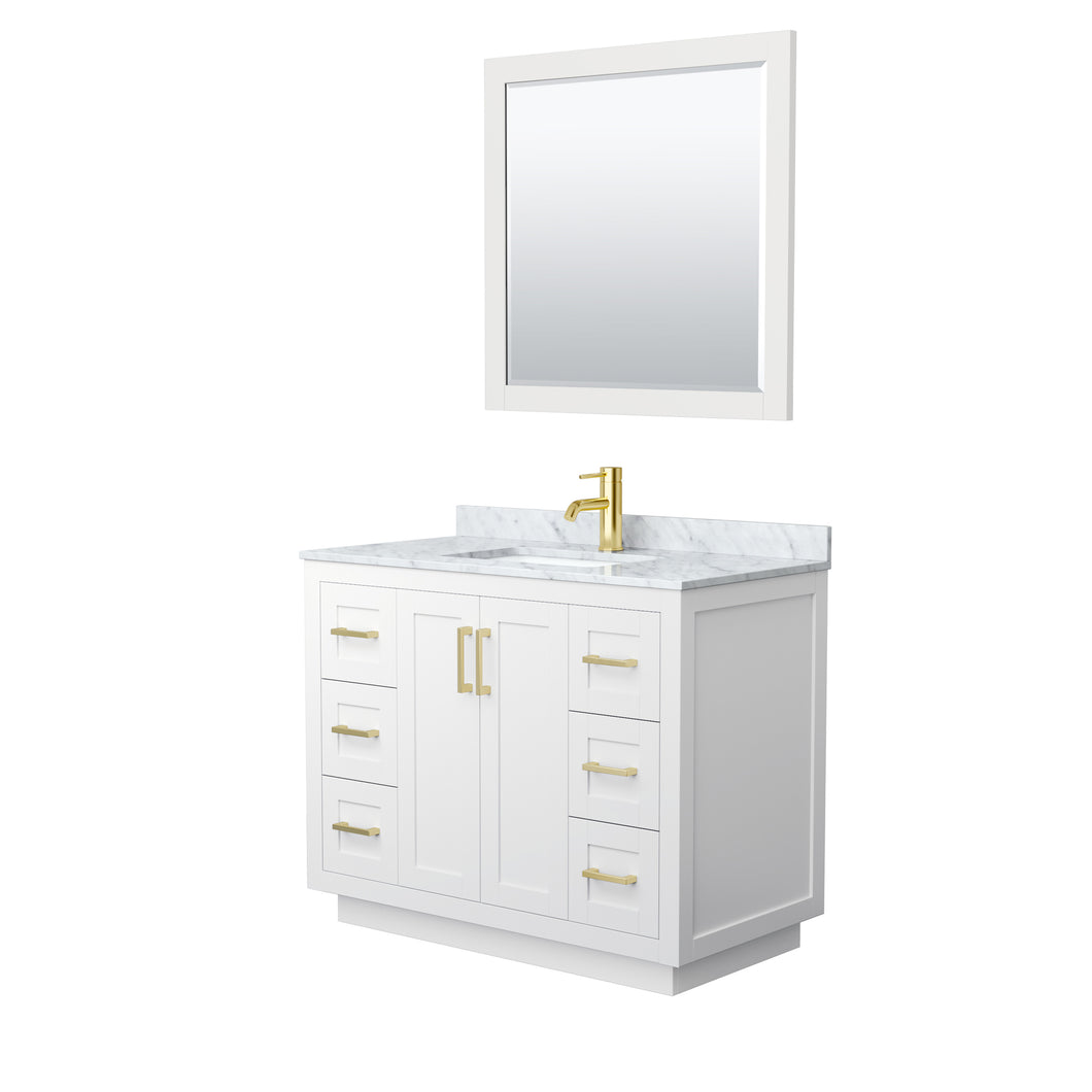 Wyndham Miranda 42 Inch Single Bathroom Vanity in White, White Carrara Marble Countertop, Undermount Square Sink, Brushed Gold Trim, 34 Inch Mirror- Wyndham