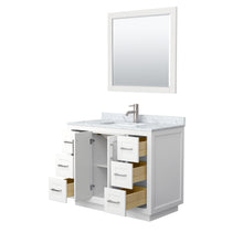 Load image into Gallery viewer, Wyndham Miranda 42 Inch Single Bathroom Vanity in White, White Carrara Marble Countertop, Undermount Square Sink, Brushed Nickel Trim, 34 Inch Mirror- Wyndham