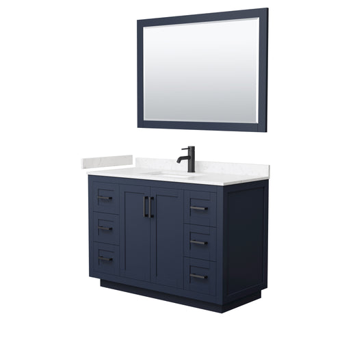 Wyndham Miranda 48 Inch Single Bathroom Vanity in Dark Blue, Light-Vein Carrara Cultured Marble Countertop, Undermount Square Sink, Matte Black Trim, 46 Inch Mirror- Wyndham