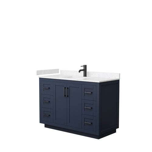 Wyndham Miranda 48 Inch Single Bathroom Vanity in Dark Blue, Light-Vein Carrara Cultured Marble Countertop, Undermount Square Sink, Matte Black Trim- Wyndham
