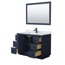 Load image into Gallery viewer, Wyndham Miranda 48 Inch Single Bathroom Vanity in Dark Blue, White Carrara Marble Countertop, Undermount Square Sink, Matte Black Trim, 46 Inch Mirror- Wyndham