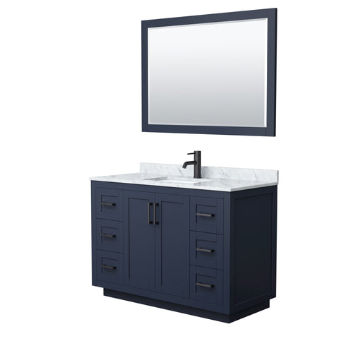 Wyndham Miranda 48 Inch Single Bathroom Vanity in Dark Blue, White Carrara Marble Countertop, Undermount Square Sink, Matte Black Trim, 46 Inch Mirror- Wyndham