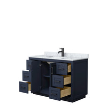 Load image into Gallery viewer, Wyndham Miranda 48 Inch Single Bathroom Vanity in Dark Blue, White Carrara Marble Countertop, Undermount Square Sink, Matte Black Trim- Wyndham