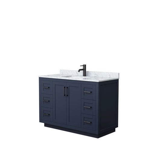 Wyndham Miranda 48 Inch Single Bathroom Vanity in Dark Blue, White Carrara Marble Countertop, Undermount Square Sink, Matte Black Trim- Wyndham