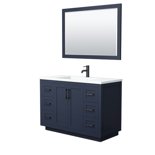 Wyndham Miranda 48 Inch Single Bathroom Vanity in Dark Blue, 1.25 Inch Thick Matte White Solid Surface Countertop, Integrated Sink, Matte Black Trim, 46 Inch Mirror- Wyndham