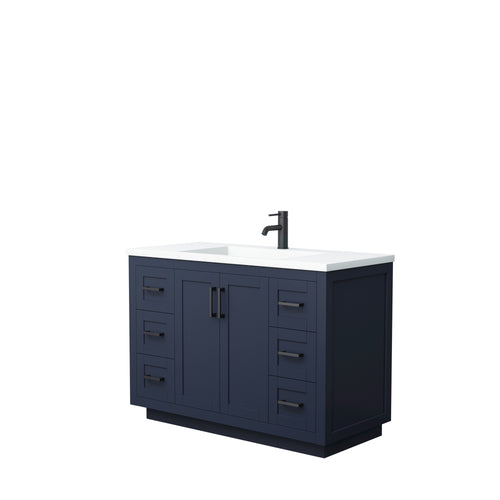 Wyndham Miranda 48 Inch Single Bathroom Vanity in Dark Blue, 1.25 Inch Thick Matte White Solid Surface Countertop, Integrated Sink, Matte Black Trim- Wyndham