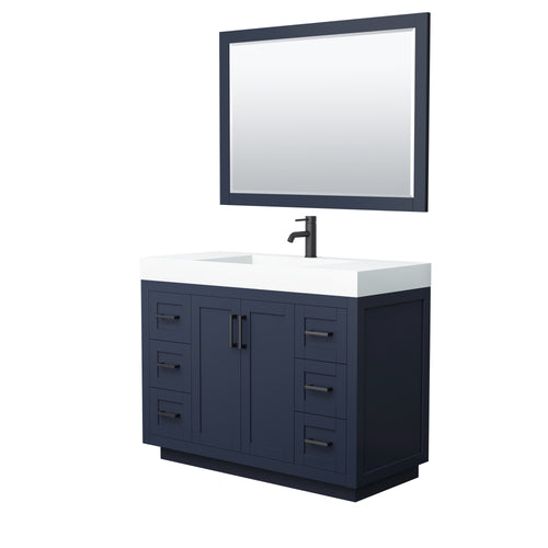 Wyndham Miranda 48 Inch Single Bathroom Vanity in Dark Blue, 4 Inch Thick Matte White Solid Surface Countertop, Integrated Sink, Matte Black Trim, 46 Inch Mirror- Wyndham