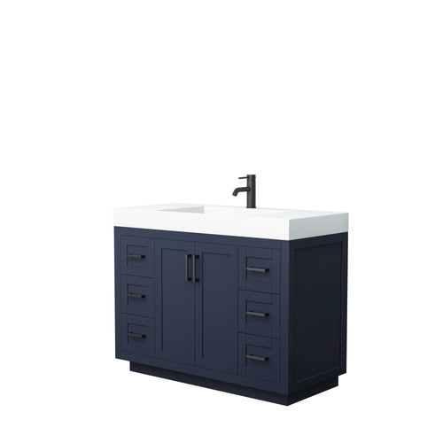 Wyndham Miranda 48 Inch Single Bathroom Vanity in Dark Blue, 4 Inch Thick Matte White Solid Surface Countertop, Integrated Sink, Matte Black Trim- Wyndham