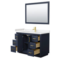 Load image into Gallery viewer, Wyndham Miranda 48 Inch Single Bathroom Vanity in Dark Blue, Light-Vein Carrara Cultured Marble Countertop, Undermount Square Sink, Brushed Gold Trim, 46 Inch Mirror- Wyndham