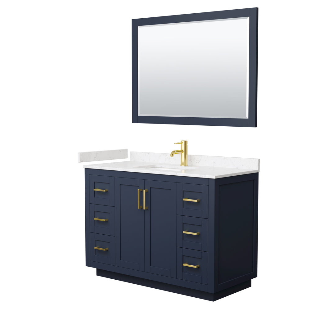 Wyndham Miranda 48 Inch Single Bathroom Vanity in Dark Blue, Light-Vein Carrara Cultured Marble Countertop, Undermount Square Sink, Brushed Gold Trim, 46 Inch Mirror- Wyndham