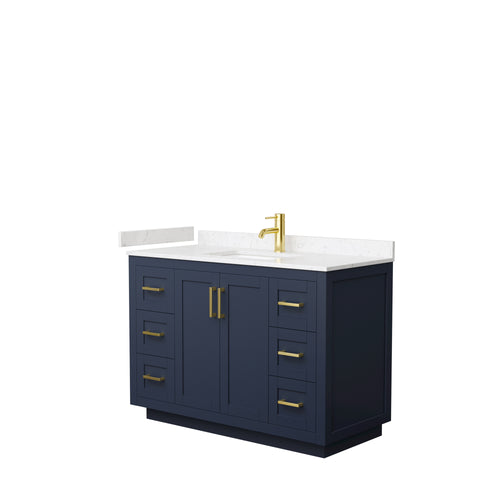 Wyndham Miranda 48 Inch Single Bathroom Vanity in Dark Blue, Light-Vein Carrara Cultured Marble Countertop, Undermount Square Sink, Brushed Gold Trim- Wyndham