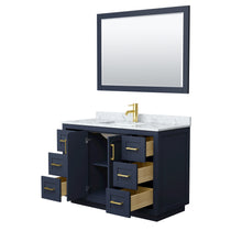 Load image into Gallery viewer, Wyndham Miranda 48 Inch Single Bathroom Vanity in Dark Blue, White Carrara Marble Countertop, Undermount Square Sink, Brushed Gold Trim, 46 Inch Mirror- Wyndham