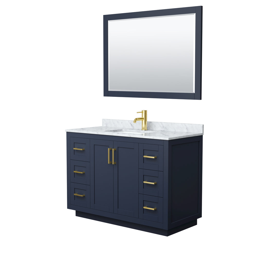 Wyndham Miranda 48 Inch Single Bathroom Vanity in Dark Blue, White Carrara Marble Countertop, Undermount Square Sink, Brushed Gold Trim, 46 Inch Mirror- Wyndham