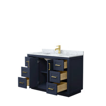 Load image into Gallery viewer, Wyndham Miranda 48 Inch Single Bathroom Vanity in Dark Blue, White Carrara Marble Countertop, Undermount Square Sink, Brushed Gold Trim- Wyndham
