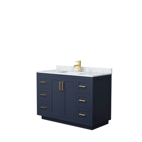 Wyndham Miranda 48 Inch Single Bathroom Vanity in Dark Blue, White Carrara Marble Countertop, Undermount Square Sink, Brushed Gold Trim- Wyndham