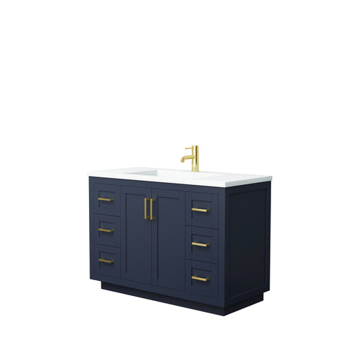 Wyndham Miranda 48 Inch Single Bathroom Vanity in Dark Blue, 1.25 Inch Thick Matte White Solid Surface Countertop, Integrated Sink, Brushed Gold Trim- Wyndham