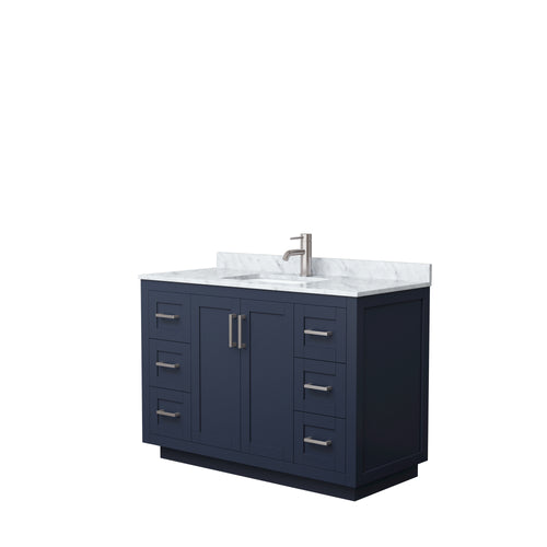 Wyndham Miranda 48 Inch Single Bathroom Vanity in Dark Blue, White Carrara Marble Countertop, Undermount Square Sink, Brushed Nickel Trim- Wyndham