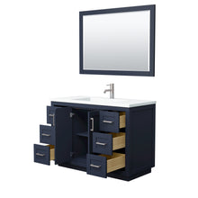 Load image into Gallery viewer, Wyndham Miranda 48 Inch Single Bathroom Vanity in Dark Blue, 1.25 Inch Thick Matte White Solid Surface Countertop, Integrated Sink, Brushed Nickel Trim, 46 Inch Mirror- Wyndham
