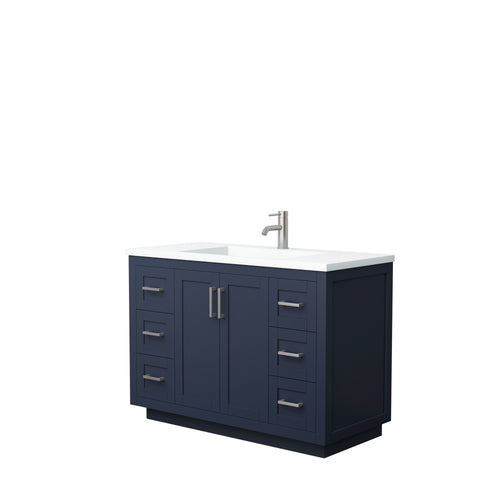 Wyndham Miranda 48 Inch Single Bathroom Vanity in Dark Blue, 1.25 Inch Thick Matte White Solid Surface Countertop, Integrated Sink, Brushed Nickel Trim- Wyndham