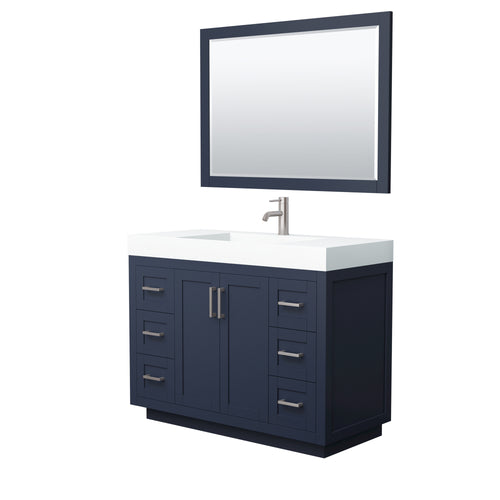 Wyndham Miranda 48 Inch Single Bathroom Vanity in Dark Blue, 4 Inch Thick Matte White Solid Surface Countertop, Integrated Sink, Brushed Nickel Trim, 46 Inch Mirror- Wyndham
