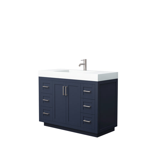 Wyndham Miranda 48 Inch Single Bathroom Vanity in Dark Blue, 4 Inch Thick Matte White Solid Surface Countertop, Integrated Sink, Brushed Nickel Trim- Wyndham