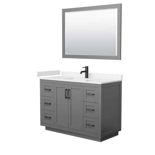 Wyndham Miranda 48 Inch Single Bathroom Vanity in Dark Gray, Light-Vein Carrara Cultured Marble Countertop, Undermount Square Sink, Matte Black Trim, 46 Inch Mirror- Wyndham