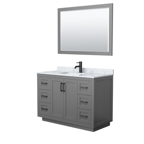 Wyndham Miranda 48 Inch Single Bathroom Vanity in Dark Gray, White Carrara Marble Countertop, Undermount Square Sink, Matte Black Trim, 46 Inch Mirror- Wyndham