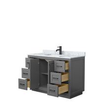 Load image into Gallery viewer, Wyndham Miranda 48 Inch Single Bathroom Vanity in Dark Gray, White Carrara Marble Countertop, Undermount Square Sink, Matte Black Trim- Wyndham