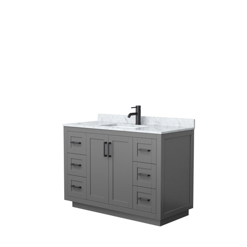 Wyndham Miranda 48 Inch Single Bathroom Vanity in Dark Gray, White Carrara Marble Countertop, Undermount Square Sink, Matte Black Trim- Wyndham