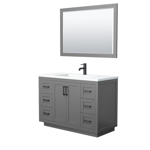 Wyndham Miranda 48 Inch Single Bathroom Vanity in Dark Gray, 1.25 Inch Thick Matte White Solid Surface Countertop, Integrated Sink, Matte Black Trim, 46 Inch Mirror- Wyndham