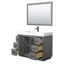 Load image into Gallery viewer, Wyndham Miranda 48 Inch Single Bathroom Vanity in Dark Gray, 4 Inch Thick Matte White Solid Surface Countertop, Integrated Sink, Matte Black Trim, 46 Inch Mirror- Wyndham
