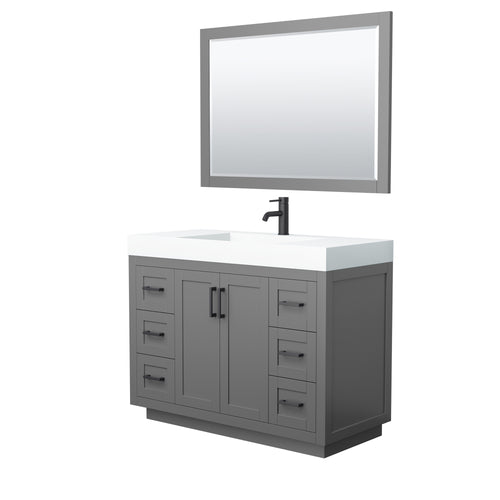 Wyndham Miranda 48 Inch Single Bathroom Vanity in Dark Gray, 4 Inch Thick Matte White Solid Surface Countertop, Integrated Sink, Matte Black Trim, 46 Inch Mirror- Wyndham