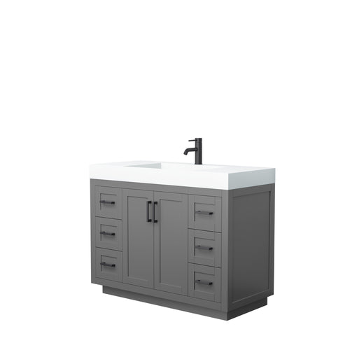 Wyndham Miranda 48 Inch Single Bathroom Vanity in Dark Gray, 4 Inch Thick Matte White Solid Surface Countertop, Integrated Sink, Matte Black Trim- Wyndham