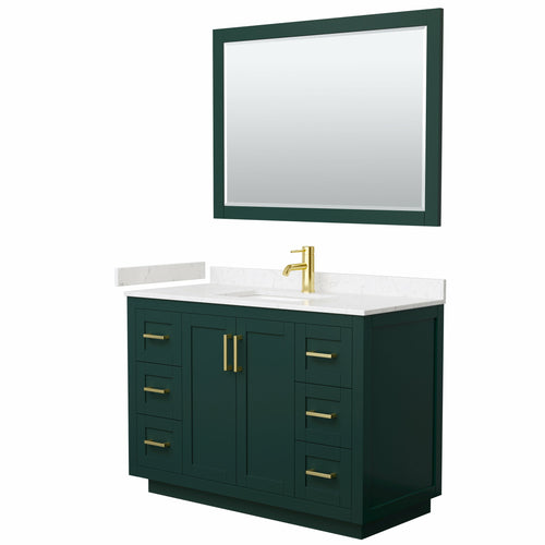 Wyndham Miranda 48 Inch Single Bathroom Vanity in Green, Light-Vein Carrara Cultured Marble Countertop, Undermount Square Sink, Brushed Gold Trim, 46 Inch Mirror- Wyndham
