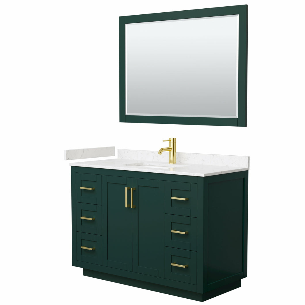 Wyndham Miranda 48 Inch Single Bathroom Vanity in Green, Light-Vein Carrara Cultured Marble Countertop, Undermount Square Sink, Brushed Gold Trim, 46 Inch Mirror- Wyndham