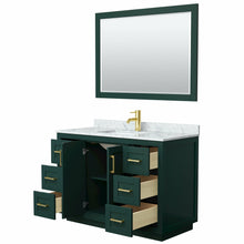 Load image into Gallery viewer, Wyndham Miranda 48 Inch Single Bathroom Vanity in Green, White Carrara Marble Countertop, Undermount Square Sink, Brushed Gold Trim, 46 Inch Mirror- Wyndham