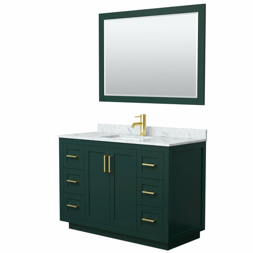 Wyndham Miranda 48 Inch Single Bathroom Vanity in Green, White Carrara Marble Countertop, Undermount Square Sink, Brushed Gold Trim, 46 Inch Mirror- Wyndham