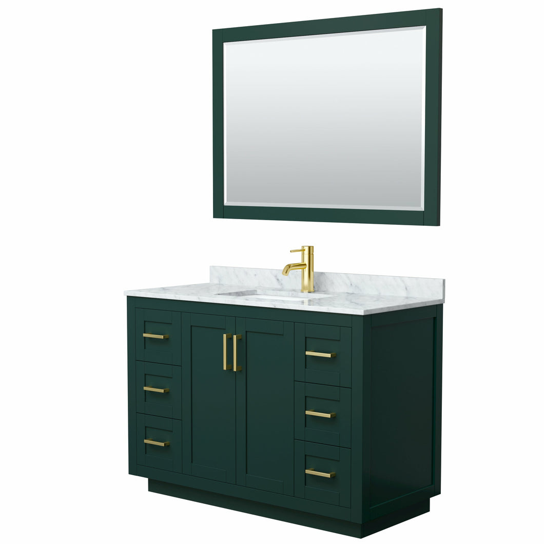 Wyndham Miranda 48 Inch Single Bathroom Vanity in Green, White Carrara Marble Countertop, Undermount Square Sink, Brushed Gold Trim, 46 Inch Mirror- Wyndham