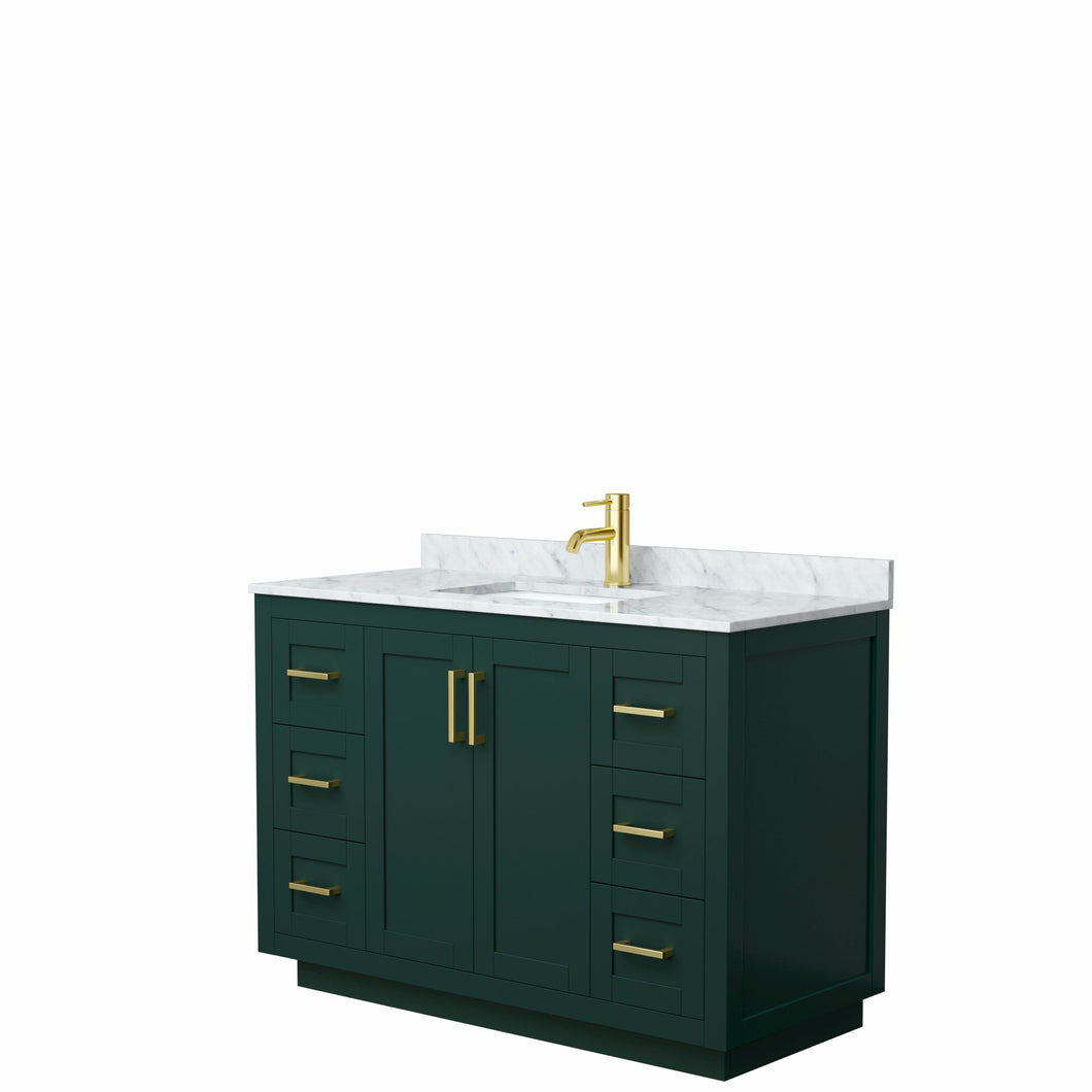 Wyndham Miranda 48 Inch Single Bathroom Vanity in Green, White Carrara Marble Countertop, Undermount Square Sink, Brushed Gold Trim- Wyndham
